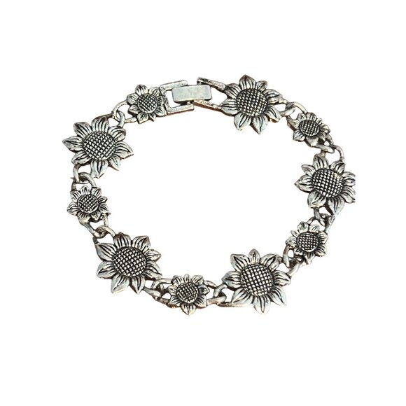 Silver Tone Sunflower Flower Link Bracelet Fold Over Clasp Textured Estate 7" - Picture 1 of 5